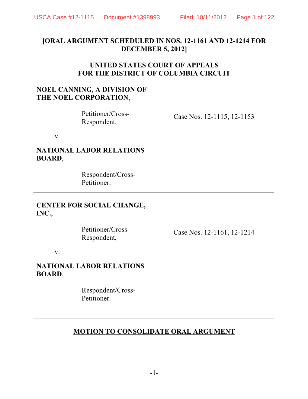 Petitioner and Intervenors' Motion to Consolidate Oral Argument