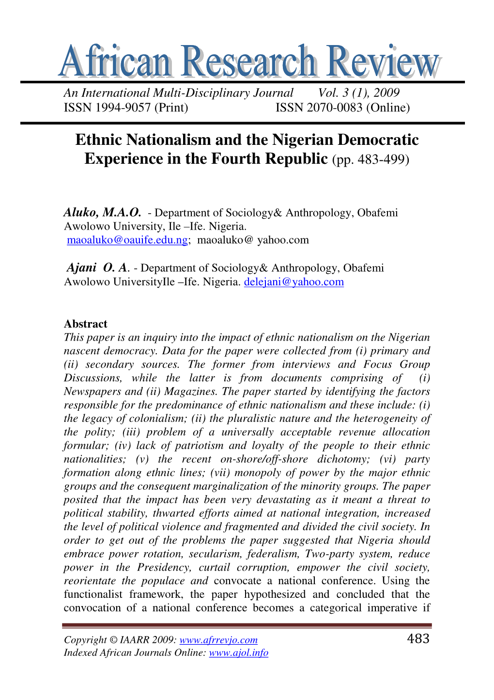 Ethnic Nationalism and the Nigerian Democratic Experience in the Fourth Republic (Pp