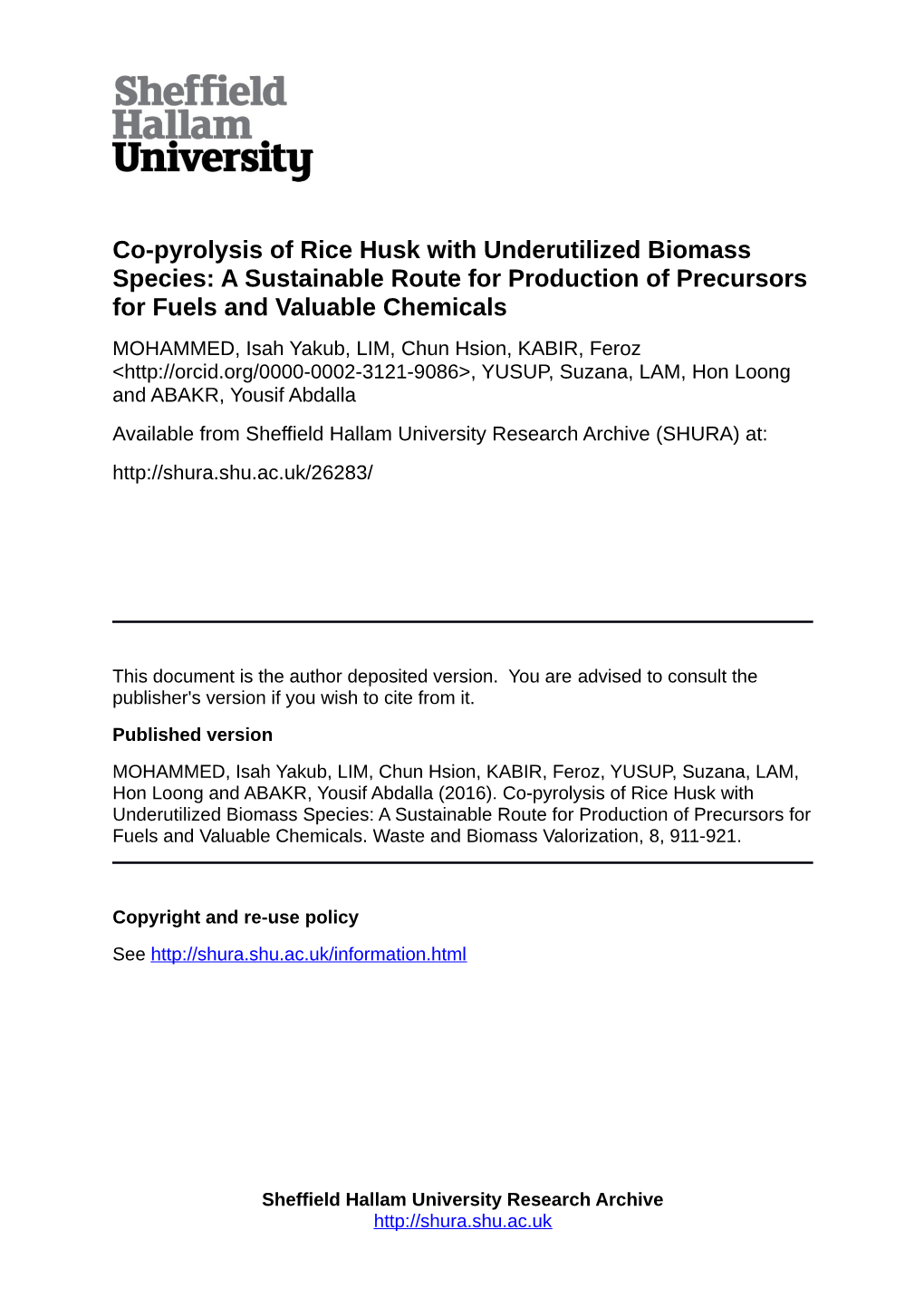 Co-Pyrolysis of Rice Husk with Underutilized Biomass Species: A