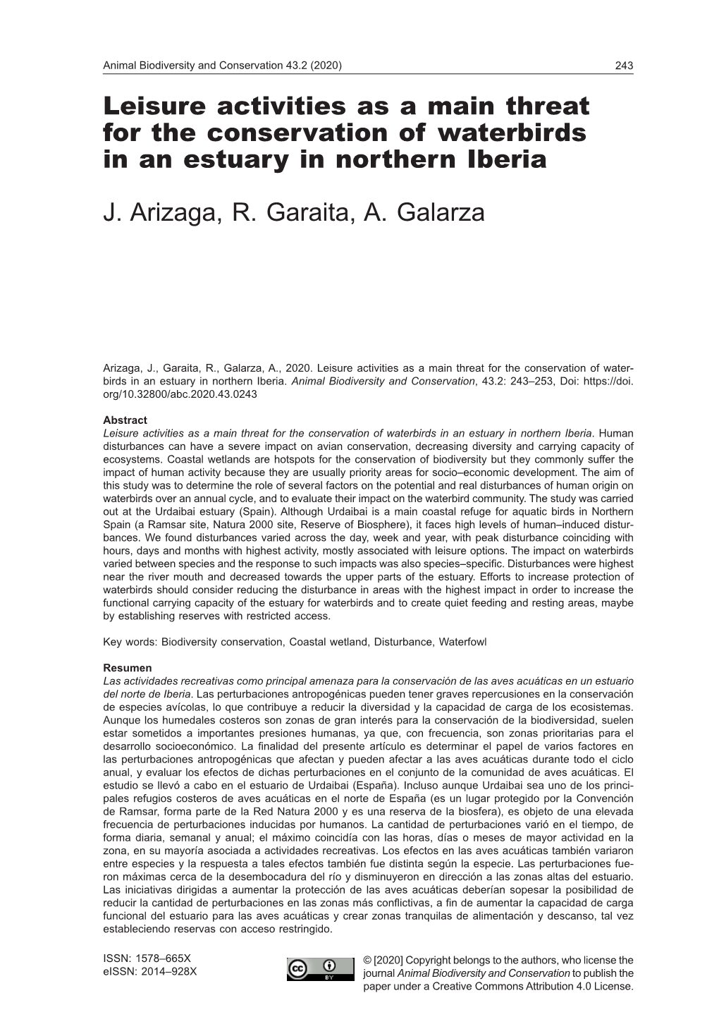 Leisure Activities As a Main Threat for the Conservation of Waterbirds in an Estuary in Northern Iberia