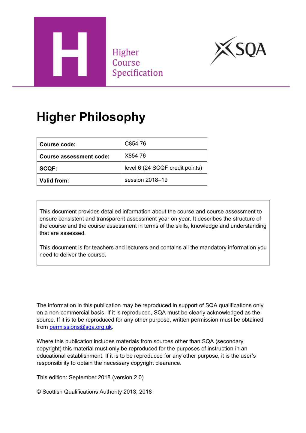 Higher Philosophy Course Specification