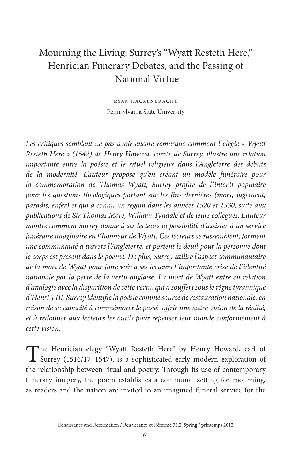 Wyatt Resteth Here,” Henrician Funerary Debates, and the Passing of National Virtue