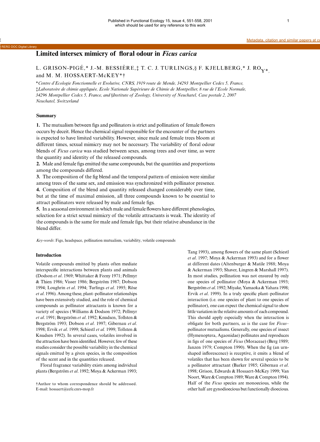 Limited Intersex Mimicry of Floral Odour in Ficus Carica