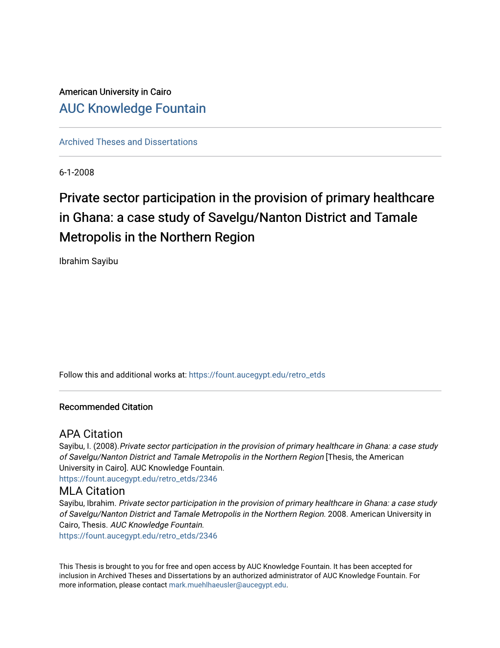 Private Sector Participation in the Provision of Primary Healthcare in Ghana: a Case Study of Savelgu/Nanton District and Tamale Metropolis in the Northern Region