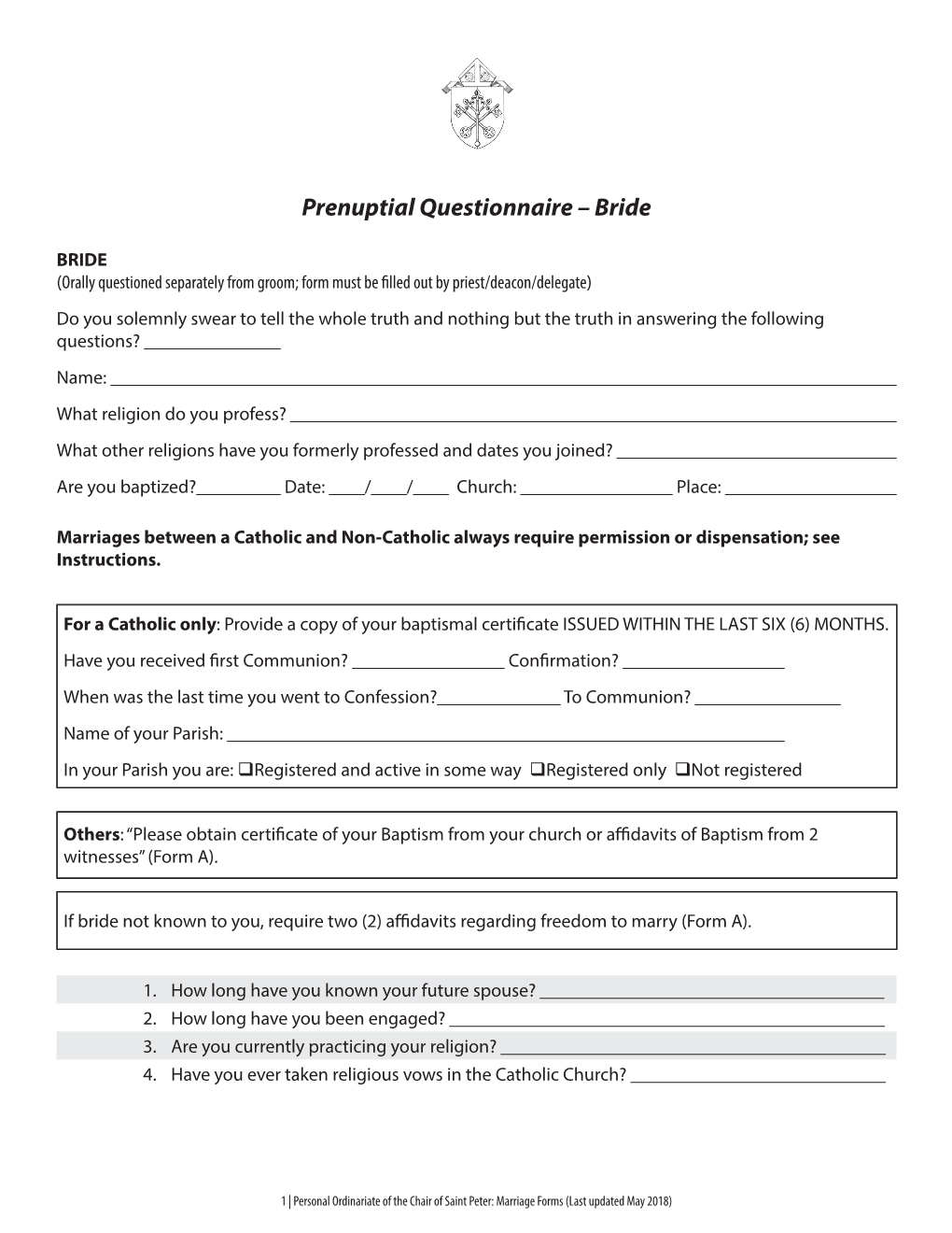 Prenuptial Questionnaire – Bride
