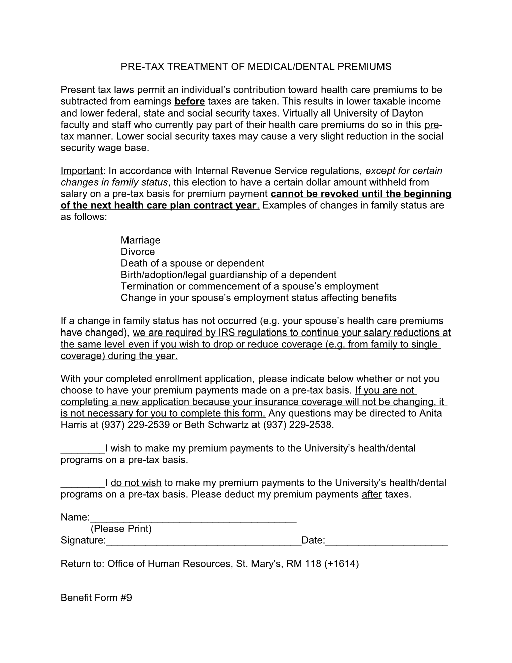 Pre-Tax Treatment of Medical/Dental Premiums