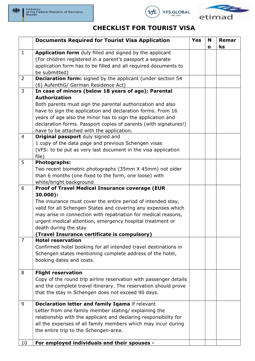 Checklist for Tourist Visa