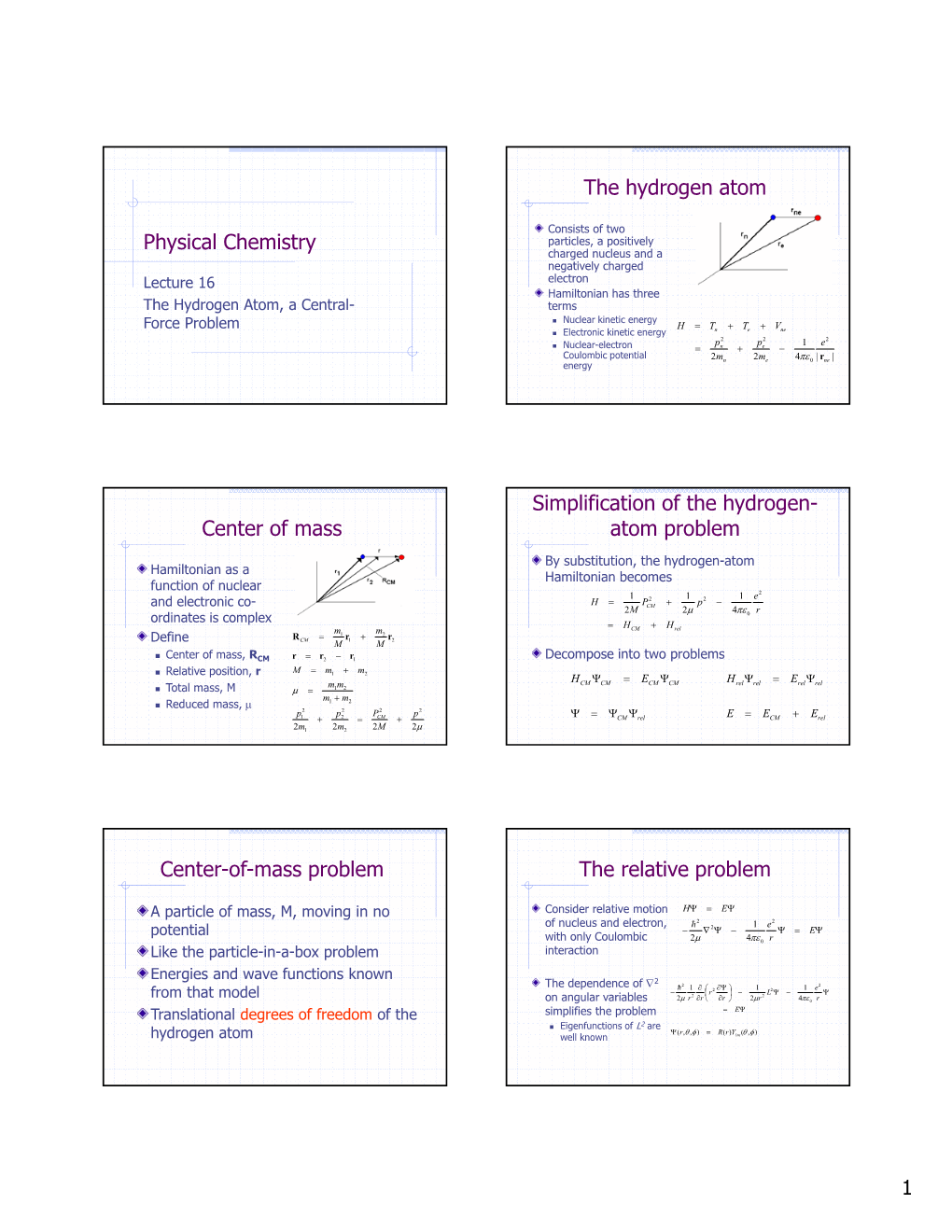 Physical Chemistry the Hydrogen Atom Center of Mass Simplification