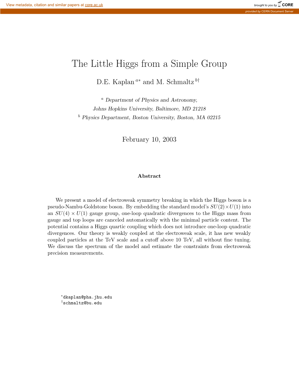 The Little Higgs from a Simple Group