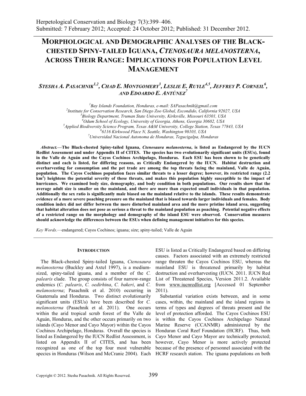 Chested Spiny-Tailed Iguana, Ctenosaura Melanosterna, Across Their Range: Implications for Population Level Management