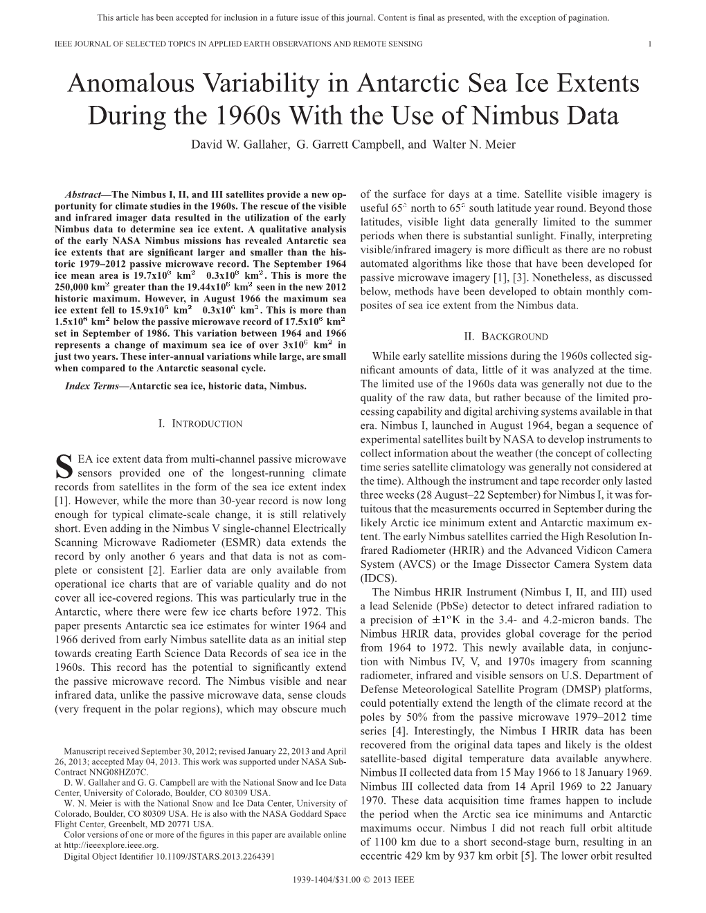 Anomalous Variability in Antarctic Sea Ice Extents During the 1960S with the Use of Nimbus Data David W