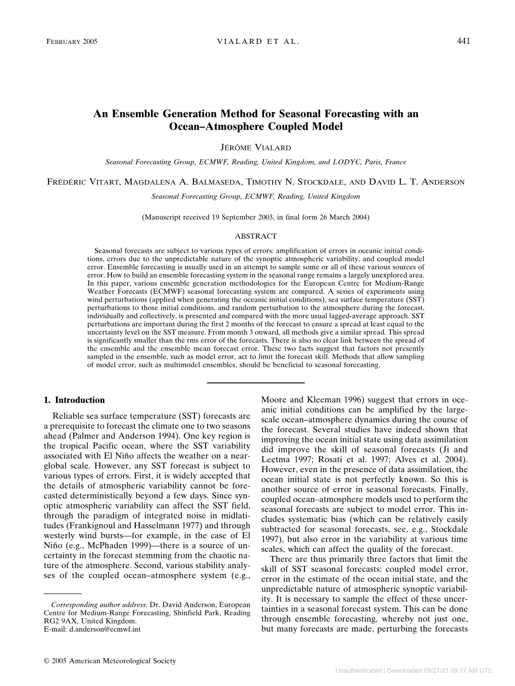 An Ensemble Generation Method for Seasonal Forecasting with an Ocean–Atmosphere Coupled Model