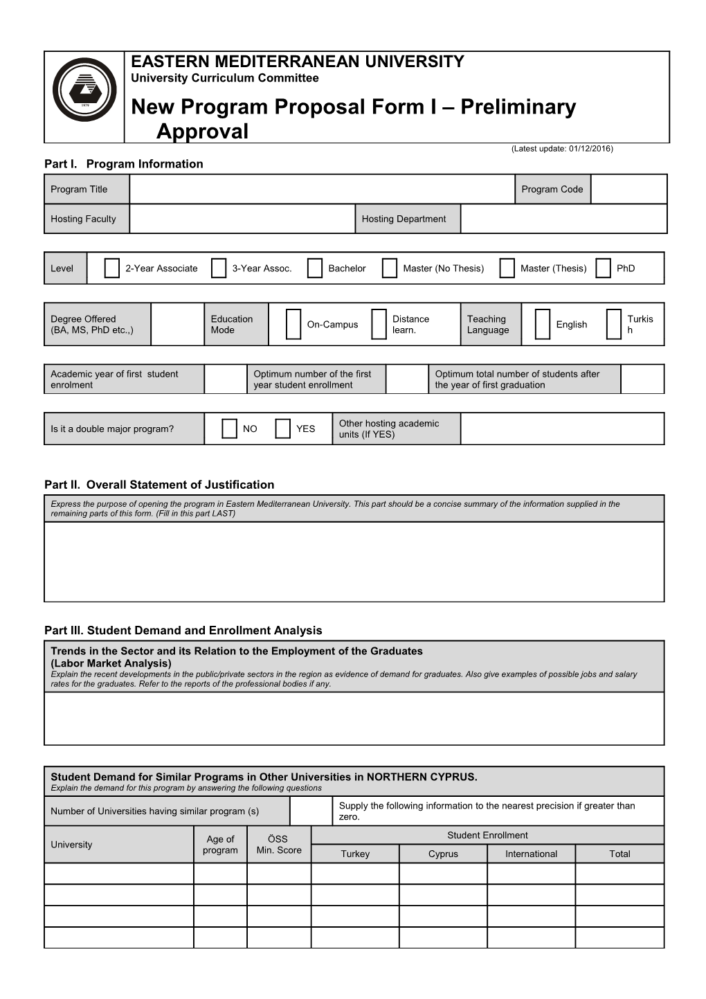 New Program Proposal Form I Preliminary Approval