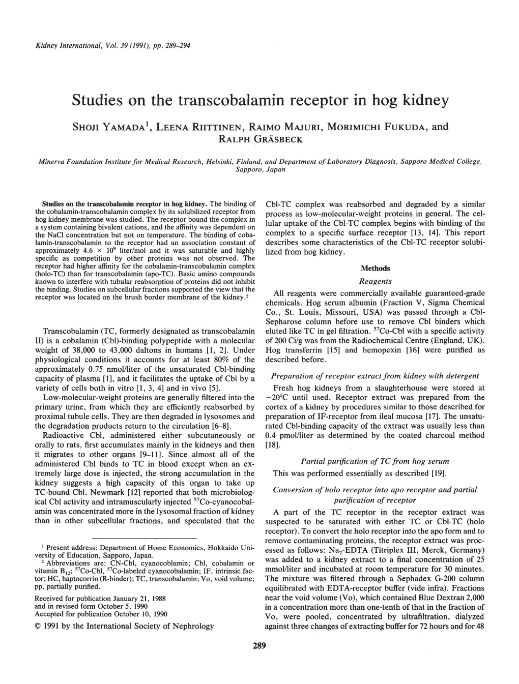 Studies on the Transcobalamin Receptor in Hog Kidney