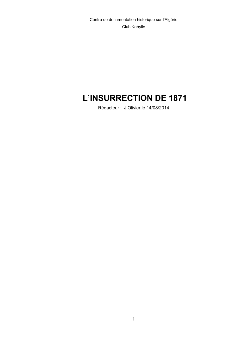 L'insurrection De 1871 En Algérie