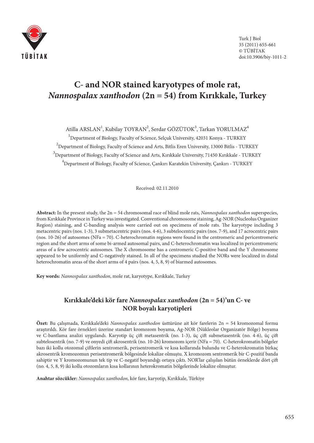 And NOR Stained Karyotypes of Mole Rat, Nannospalax Xanthodon (2N = 54) from Kırıkkale, Turkey