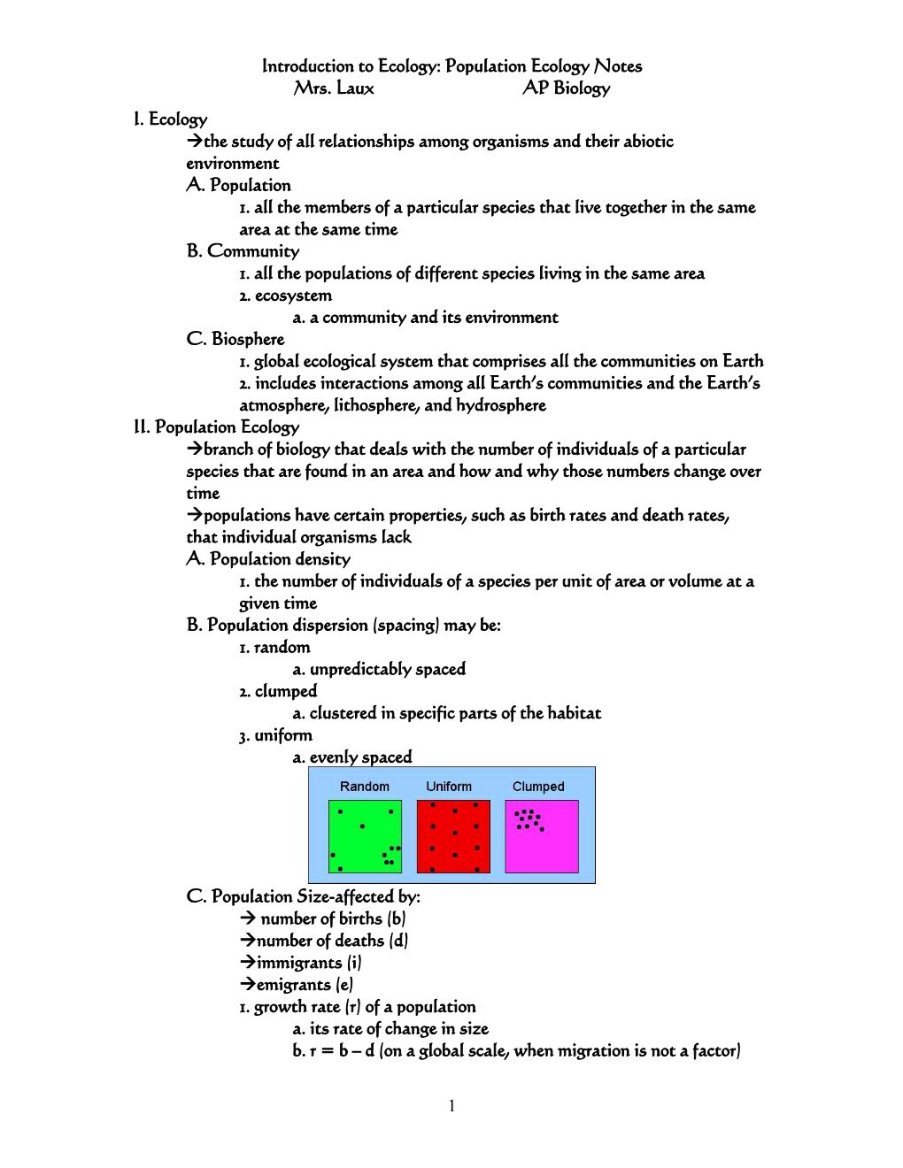 Introduction to Ecology: Population Ecology Notes Mrs. Laux AP Biology I