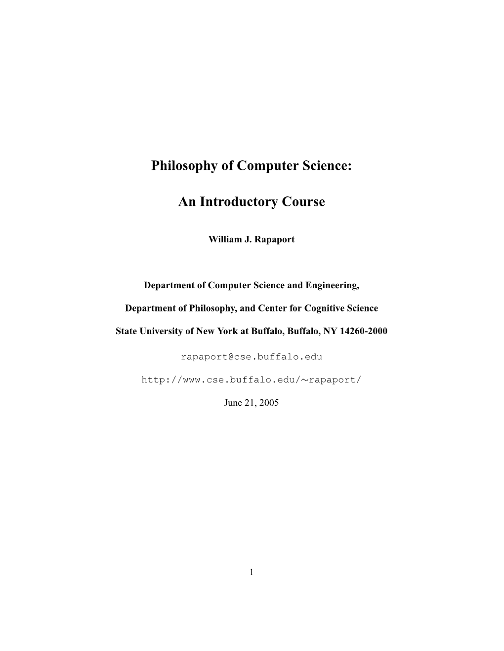 Philosophy of Computer Science: an Introductory Course