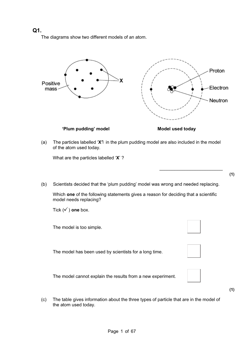 Of 67 the Diagrams Show Two Different Models of an Atom. 'Plum Pudding'