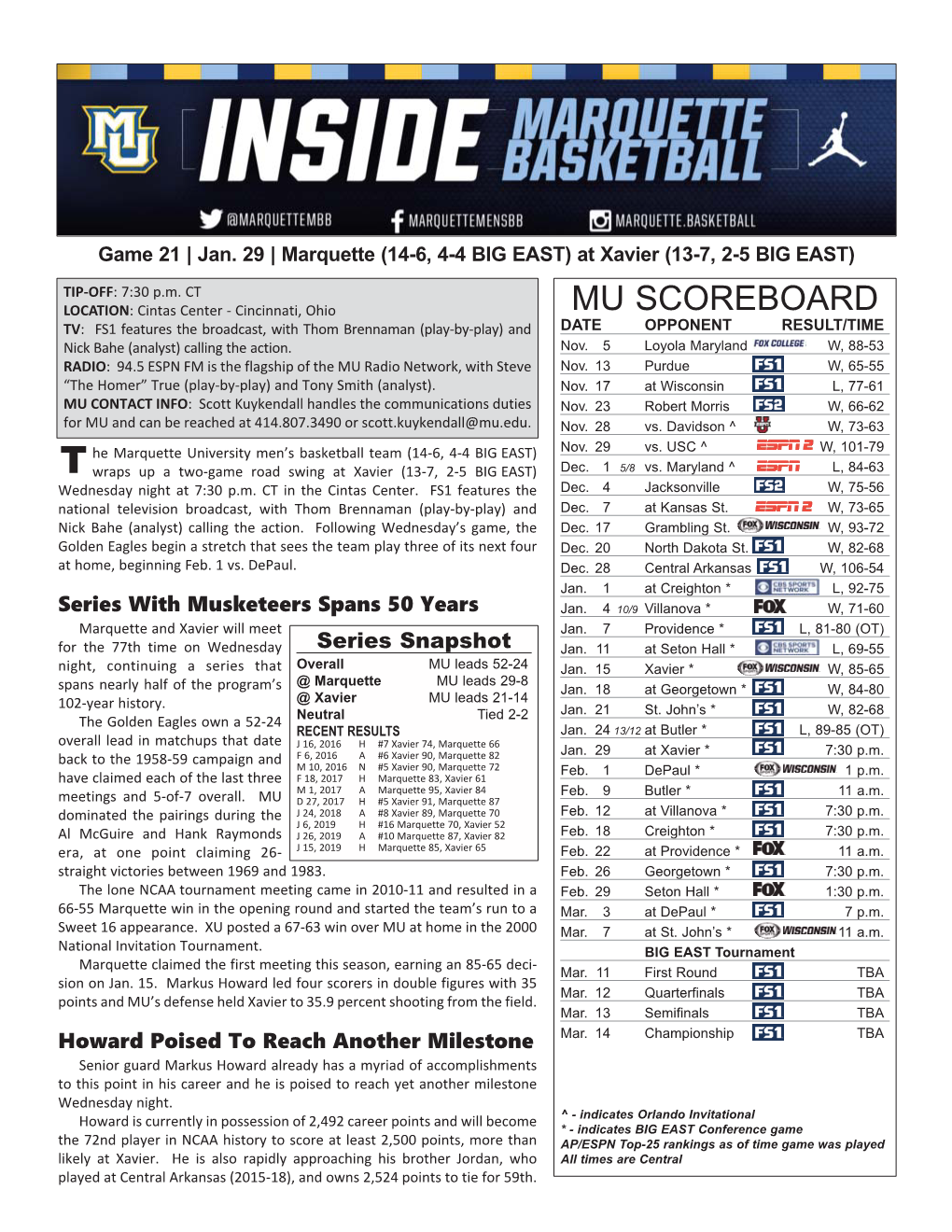 Marquette Game Notes Page 2 INJURY REPORT LAST GAME STARTERS Player (Injury) Status NAME POS