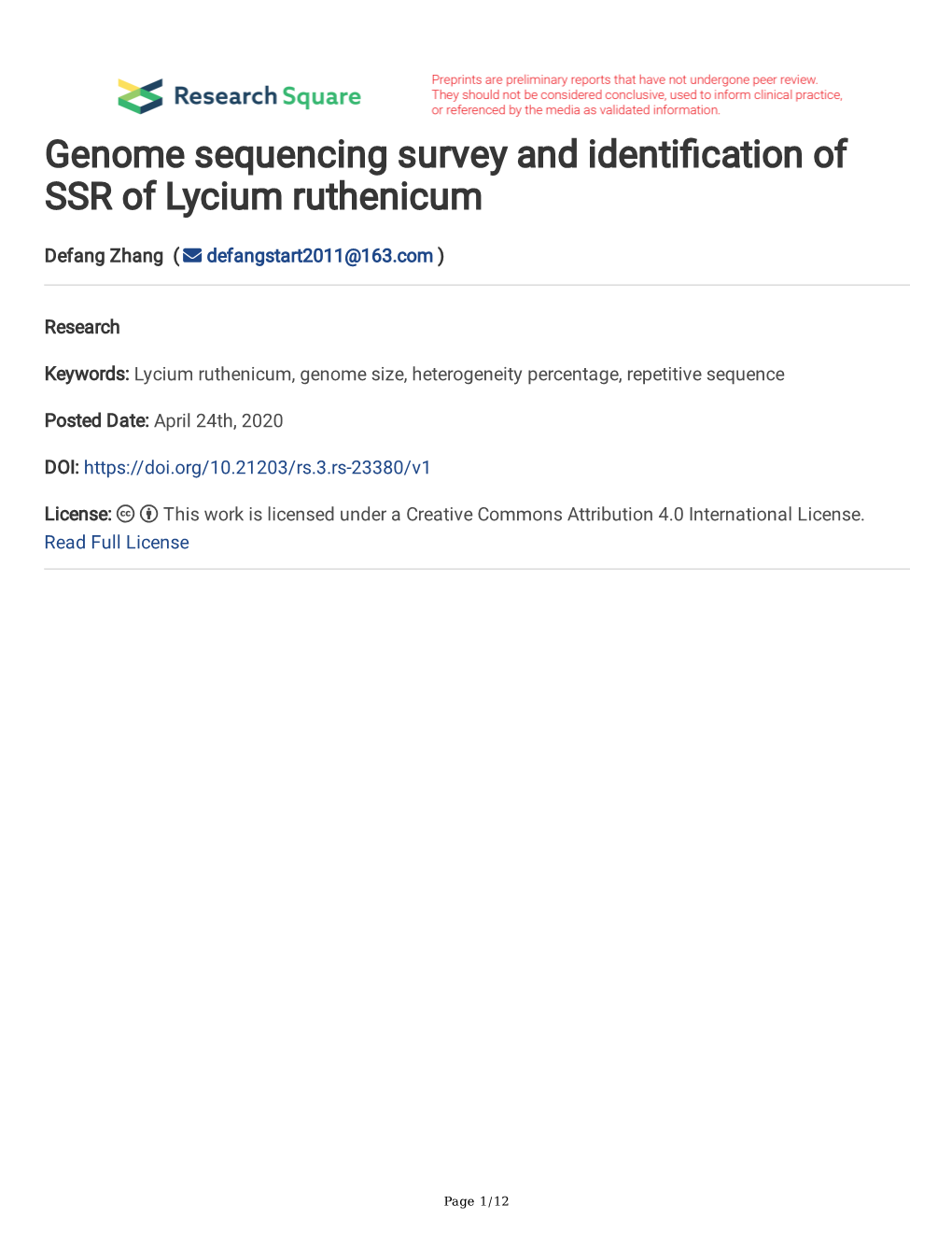 Genome Sequencing Survey and Identi Cation of SSR of Lycium