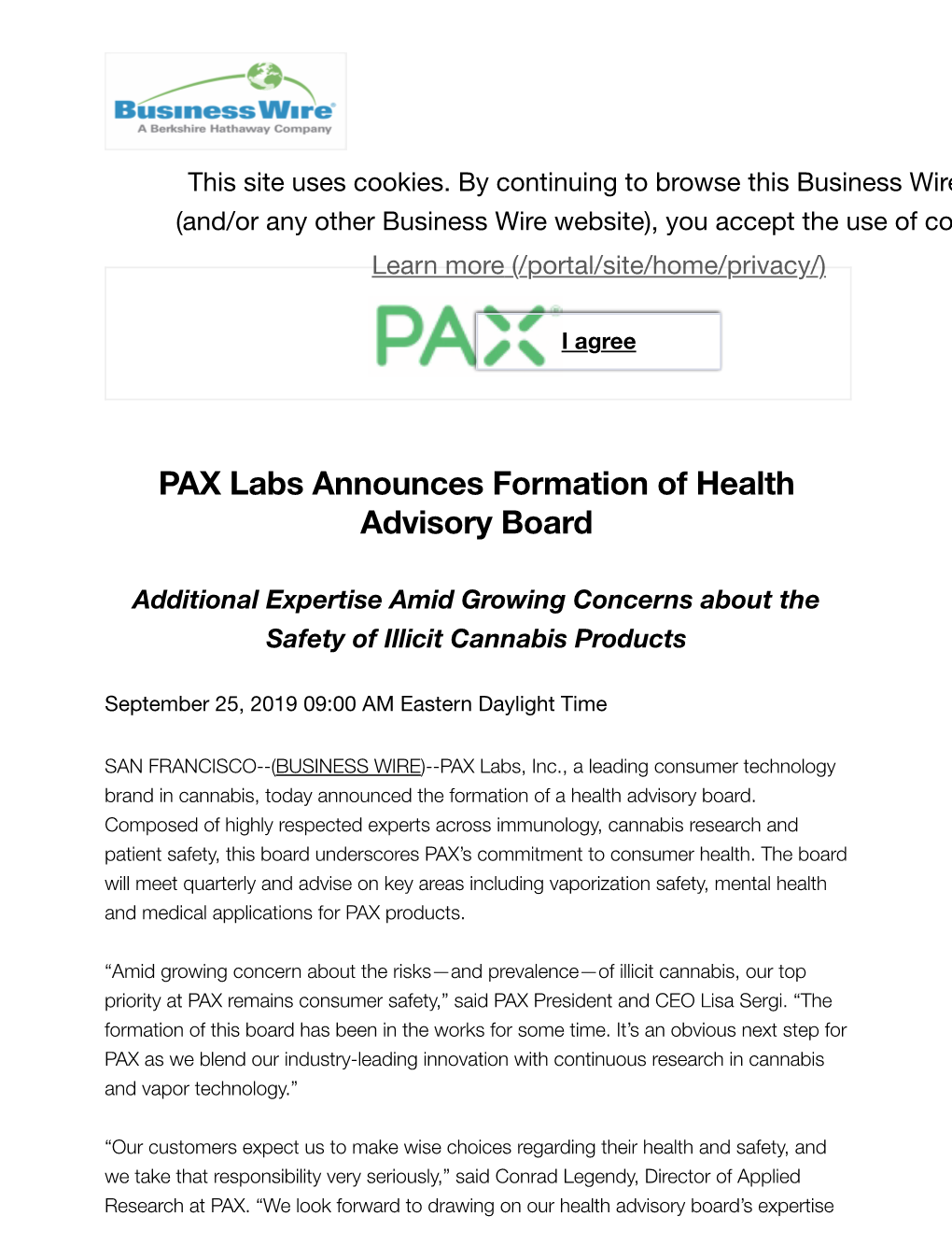 PAX Labs Announces Formation of Health Advisory Board
