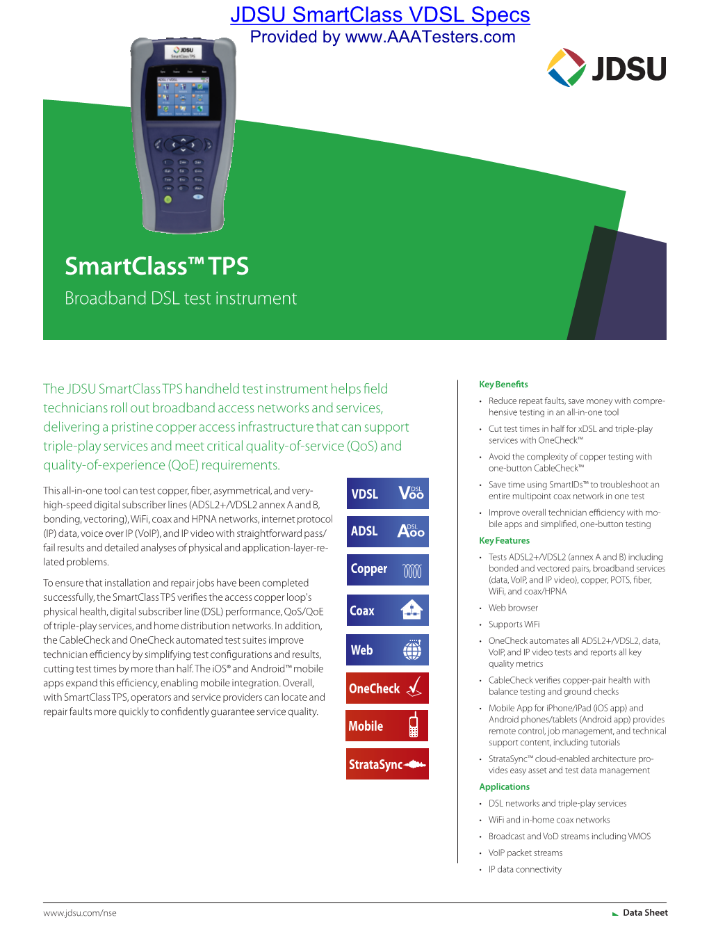 JDSU Smartclass VDSL Specs Provided By