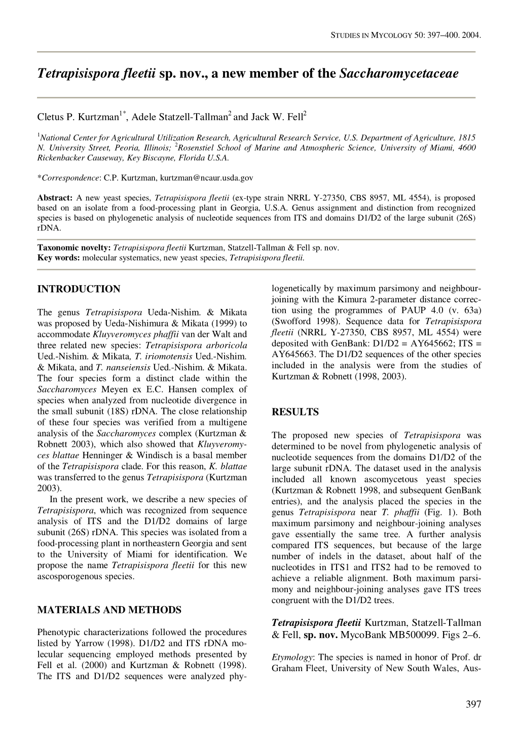 Tetrapisispora Fleetii Sp. Nov., a New Member of the Saccharomycetaceae