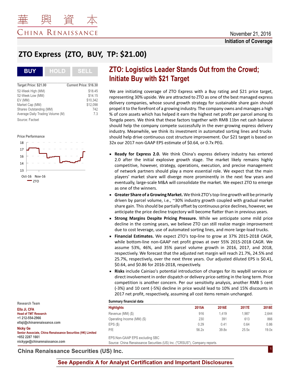 ZTO Express (ZTO, BUY, TP: $21.00)