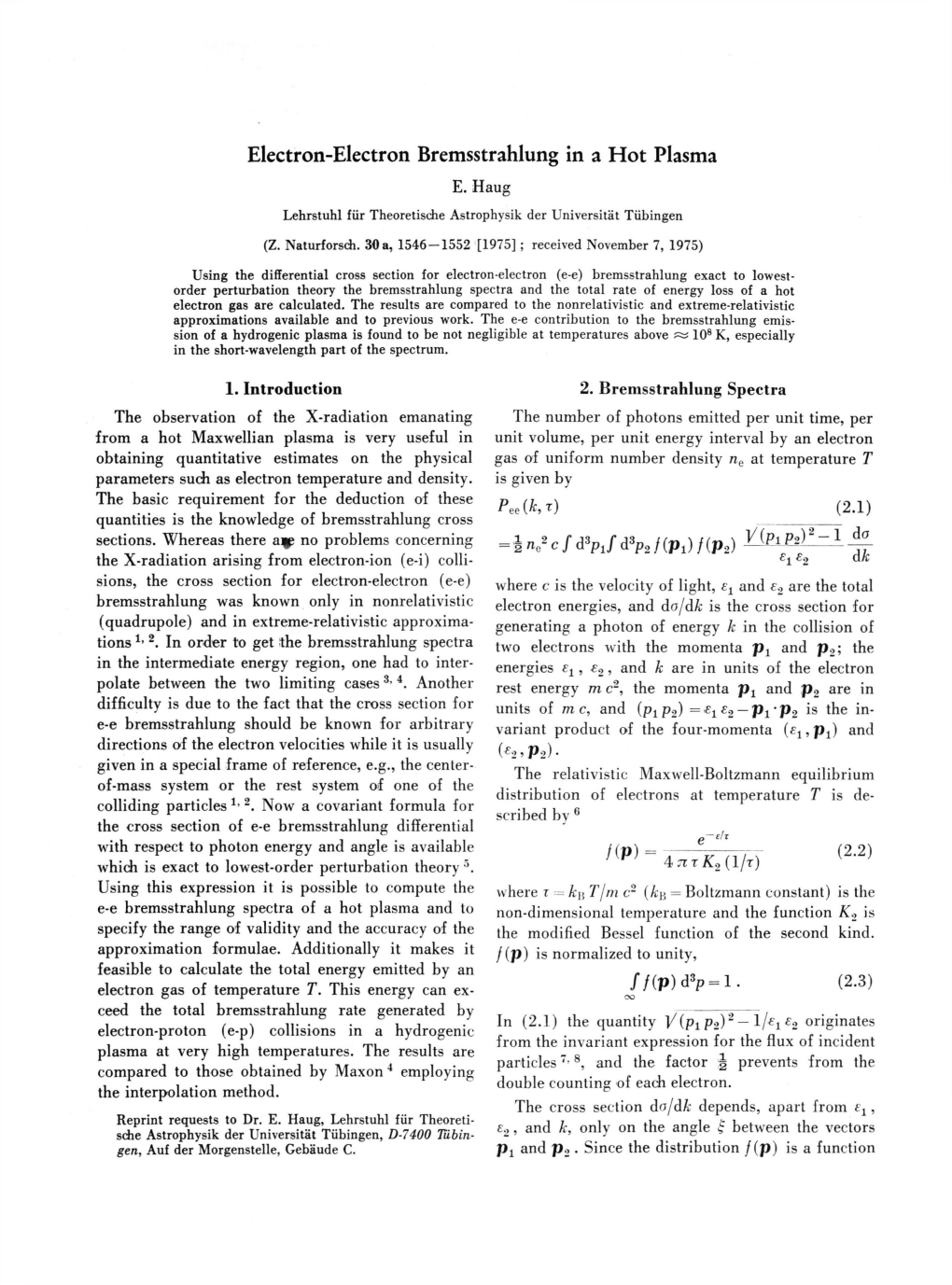 Electron-Electron Bremsstrahlung in a Hot Plasma E