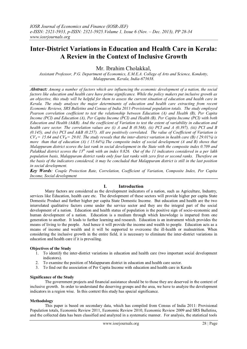 Inter-District Variations in Education and Health Care in Kerala: a Review in the Context of Inclusive Growth