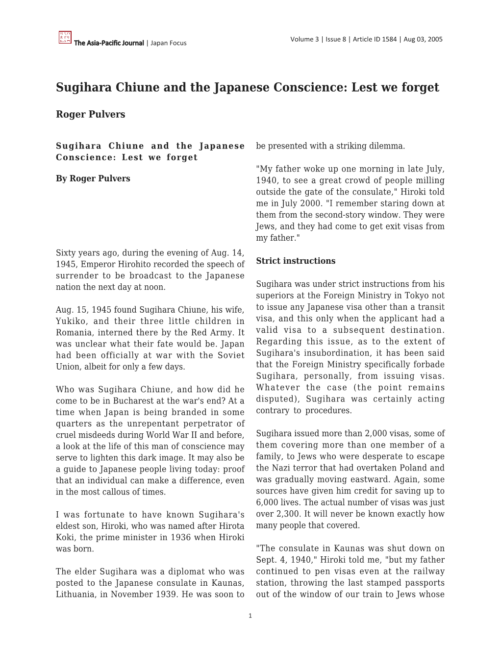 Sugihara Chiune and the Japanese Conscience: Lest We Forget