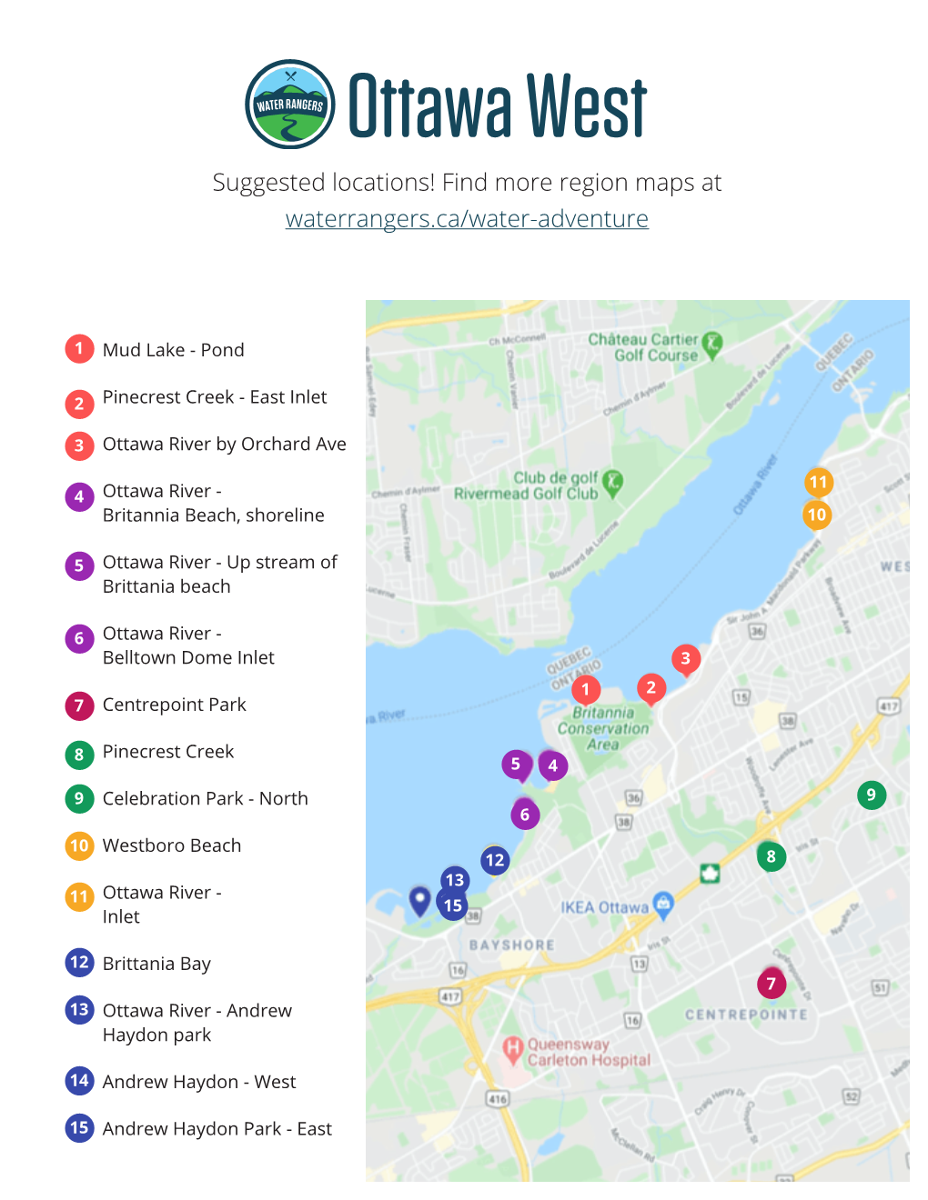 Ottawa West Suggested Locations! Find More Region Maps at Waterrangers.Ca/Water-Adventure