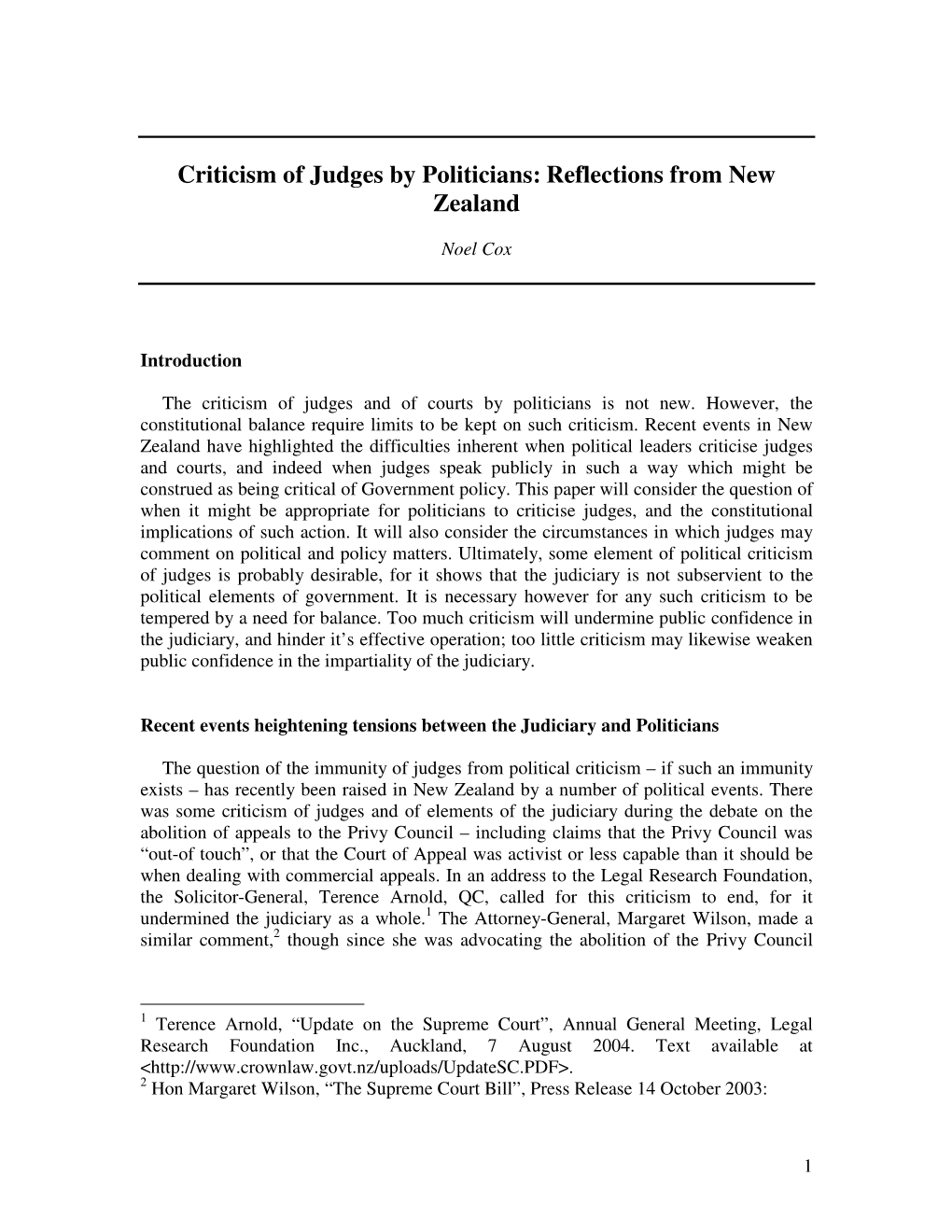 Criticism of Judges by Politicians: Reflections from New Zealand