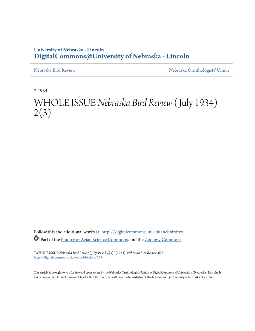 WHOLE ISSUE Nebraska Bird Review (July 1934) 2(3)