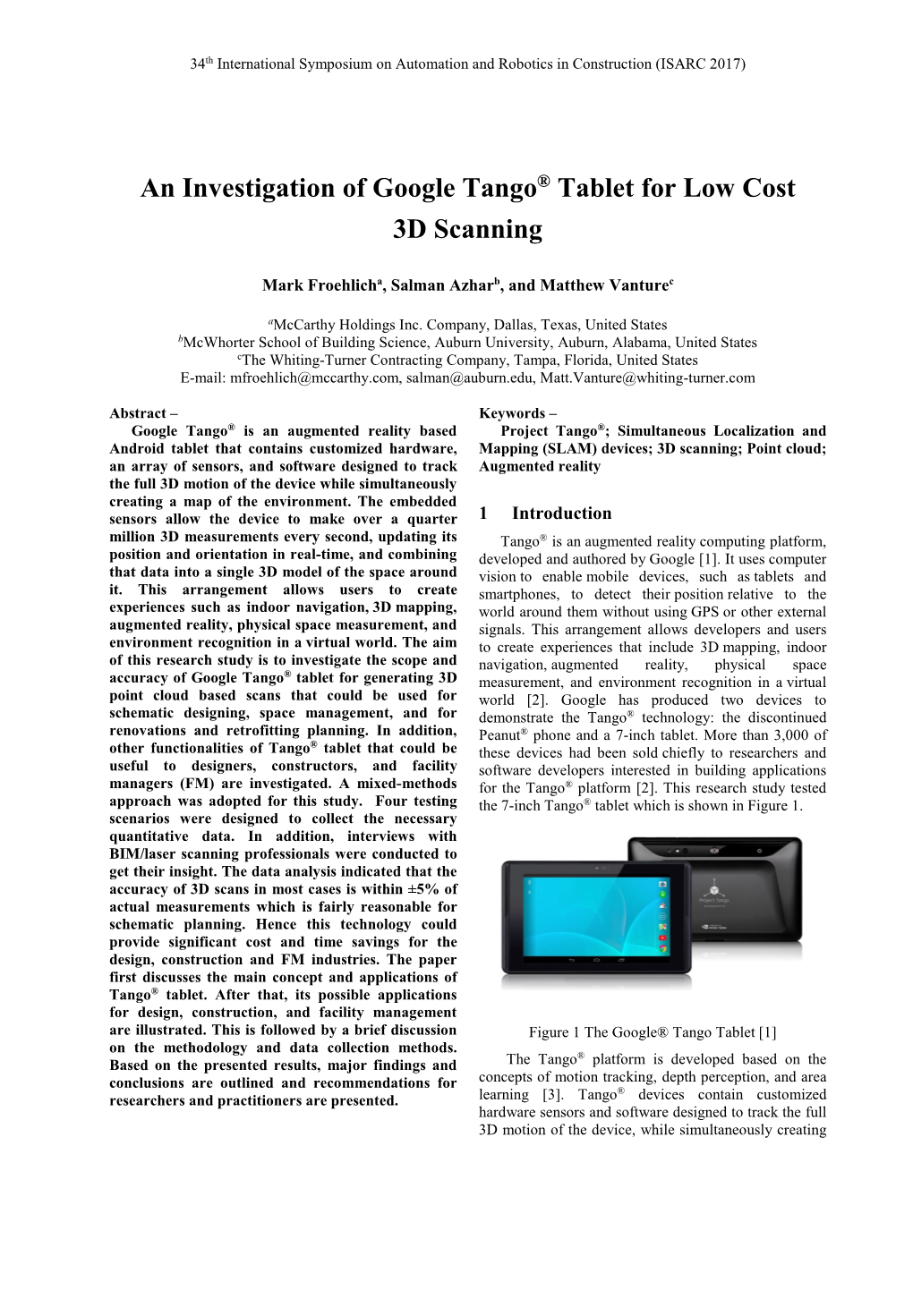 An Investigation of Google Tango® Tablet for Low Cost 3D Scanning