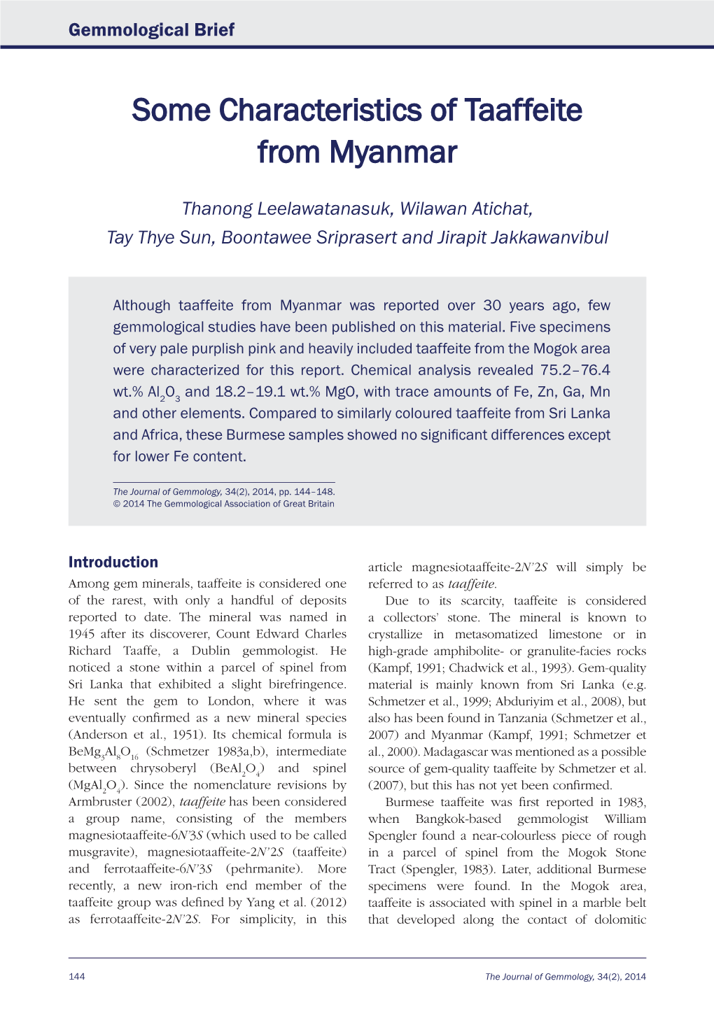 Some Characteristics of Taaffeite from Myanmar