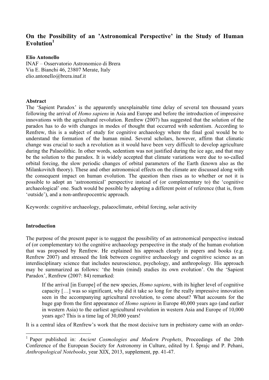 Astronomical Perspective’ in the Study of Human Evolution1