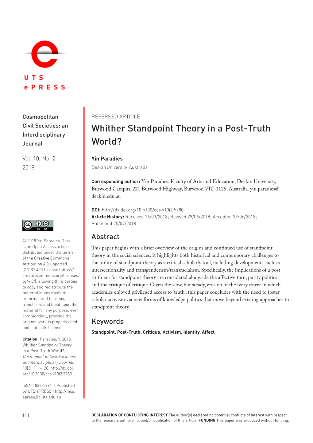 Whither Standpoint Theory in a Post-Truth World?