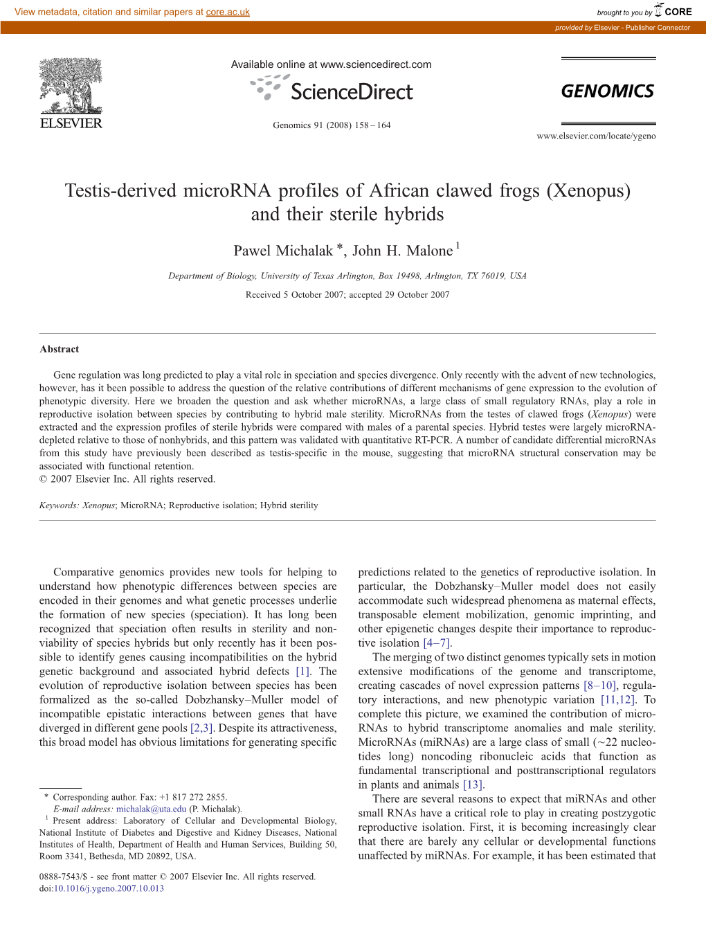 Testis-Derived Microrna Profiles of African Clawed Frogs (Xenopus) and Their Sterile Hybrids ⁎ Pawel Michalak , John H