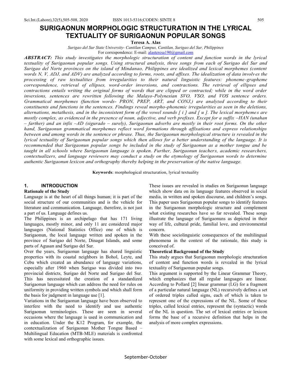 SURIGAONUN MORPHOLOGIC STRUCTURATION in the LYRICAL TEXTUALITY of SURIGAONUN POPULAR SONGS Teresa A