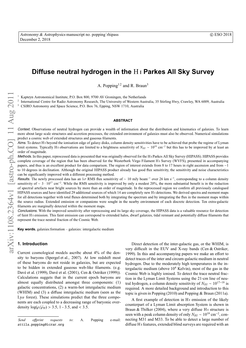 Diffuse Neutral Hydrogen in the HI Parkes All Sky Survey