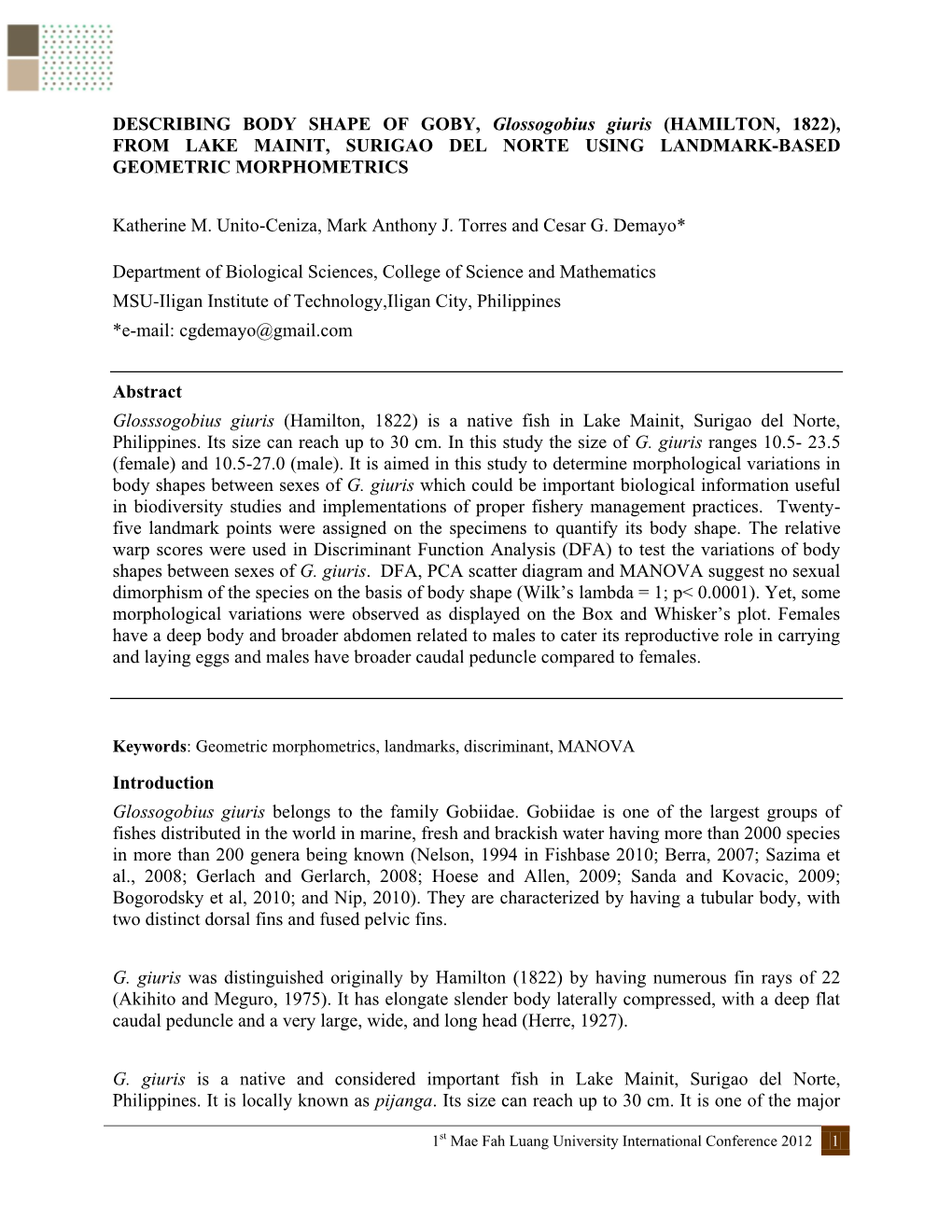 DESCRIBING BODY SHAPE of GOBY, Glossogobius Giuris (HAMILTON, 1822), from LAKE MAINIT, SURIGAO DEL NORTE USING LANDMARK-BASED GEOMETRIC MORPHOMETRICS