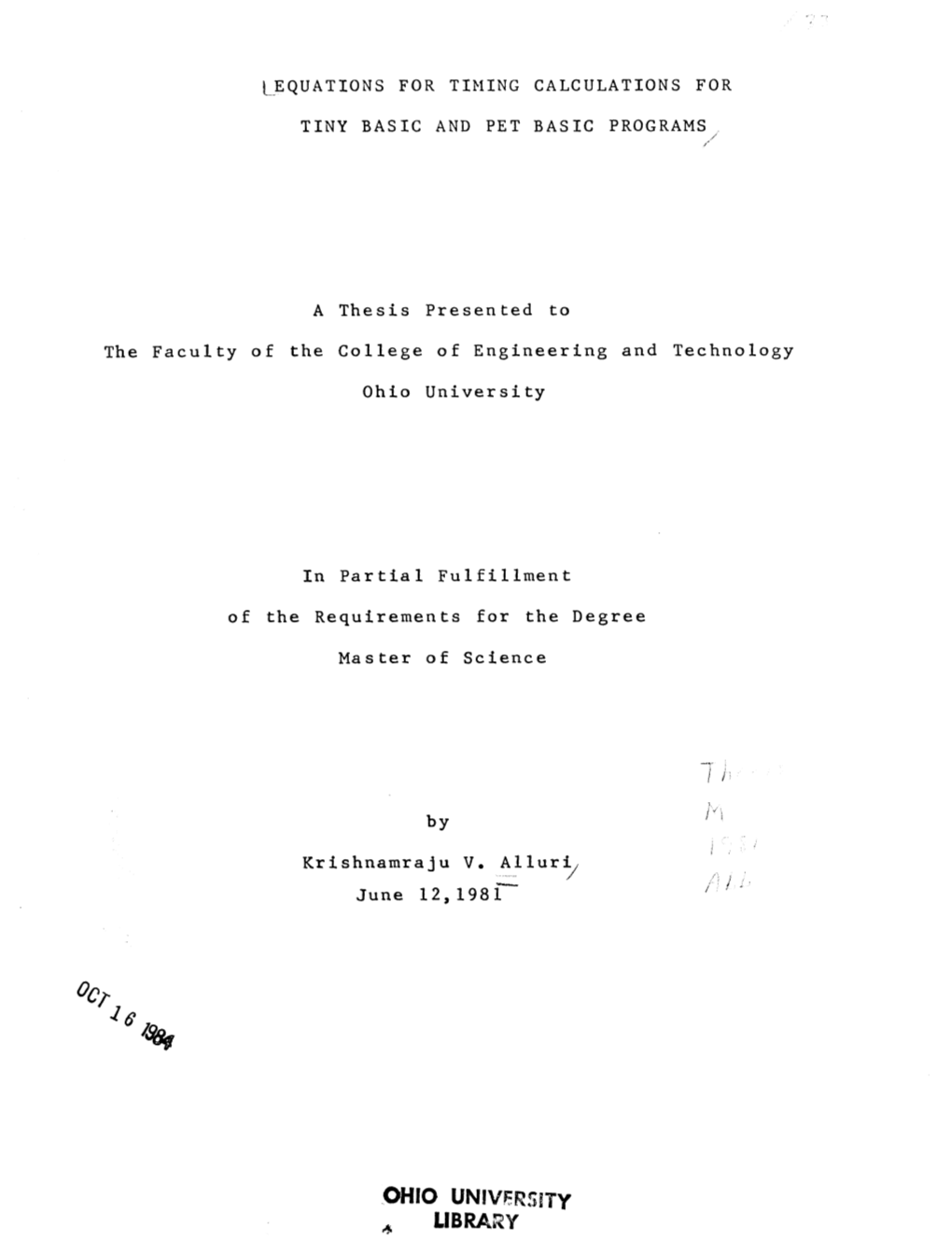 \Equations for Timing Calculations for Tiny Basic