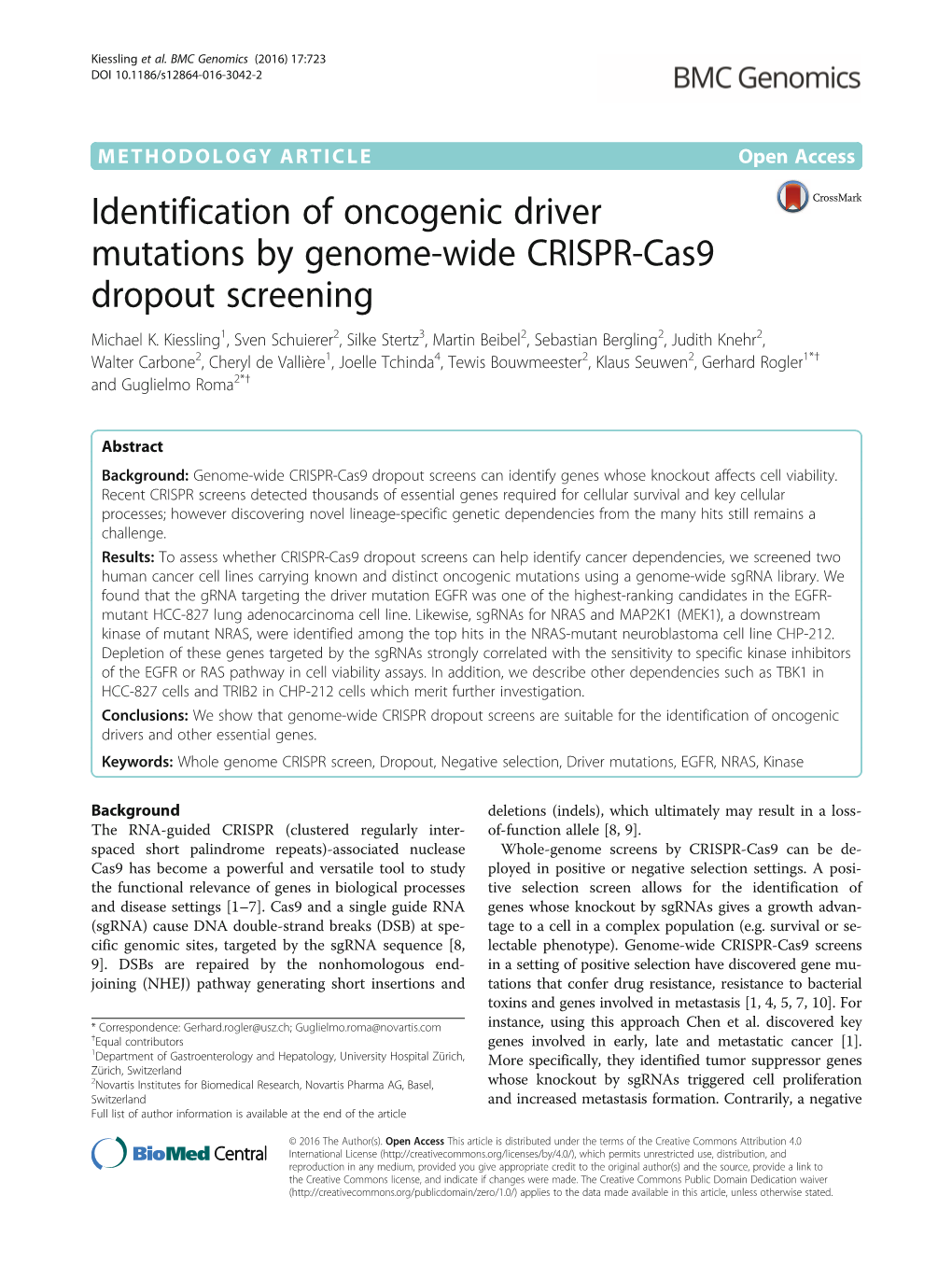 Identification of Oncogenic Driver Mutations by Genome-Wide CRISPR-Cas9 Dropout Screening Michael K