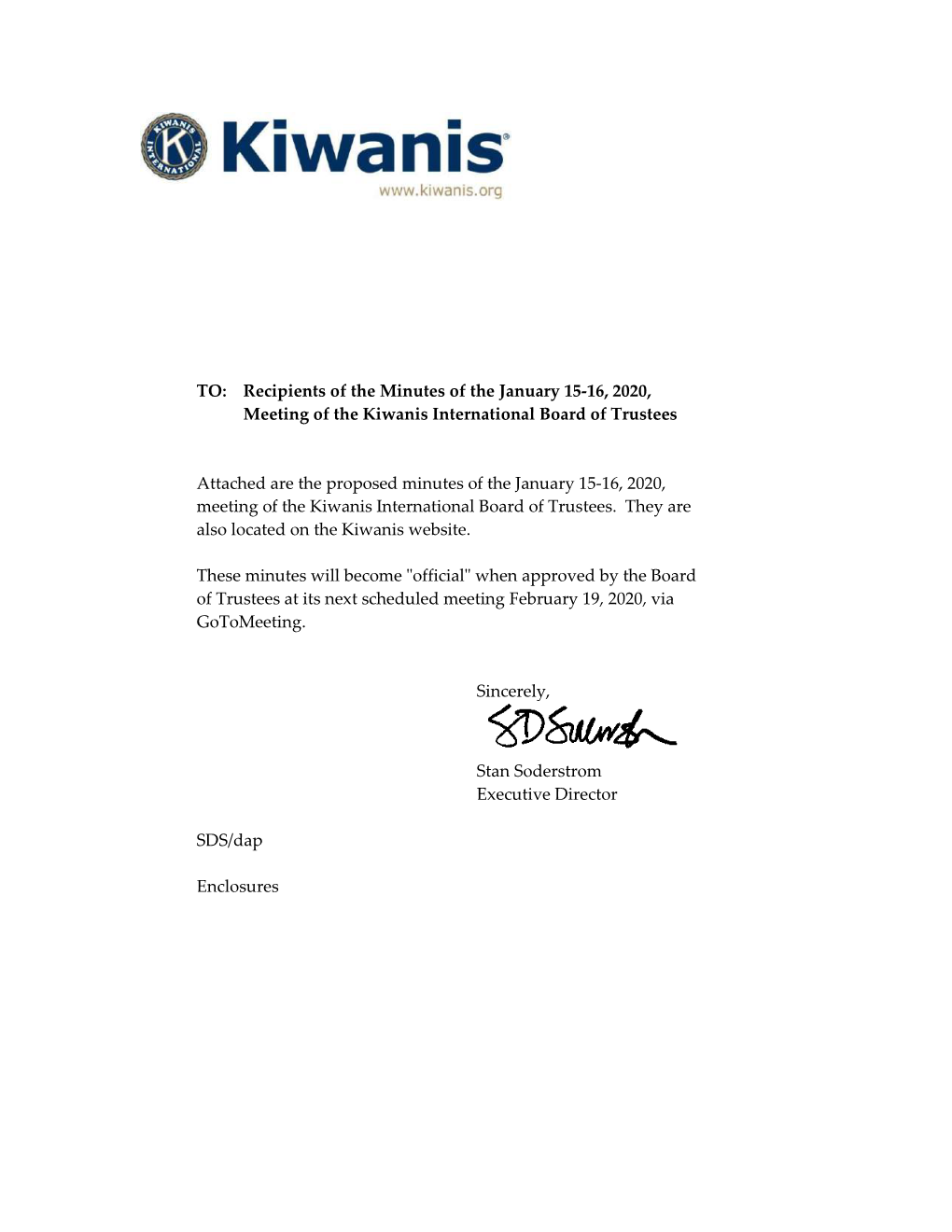 TO: Recipients of the Minutes of the January 15-16, 2020, Meeting of the Kiwanis International Board of Trustees