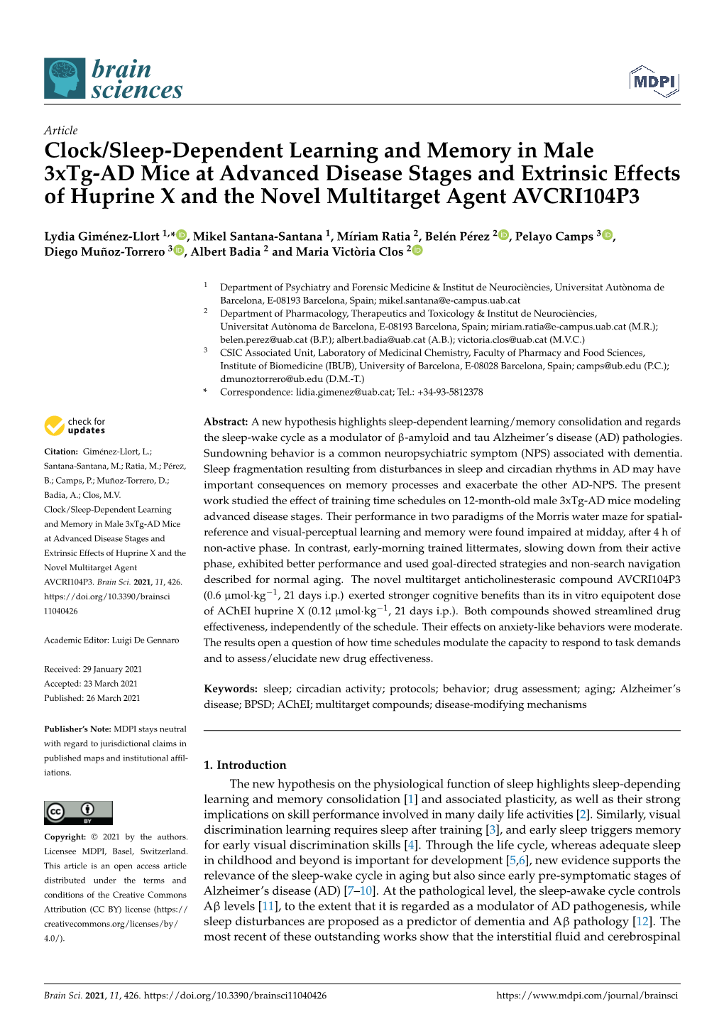 Clock/Sleep-Dependent Learning and Memory in Male 3Xtg-AD Mice At