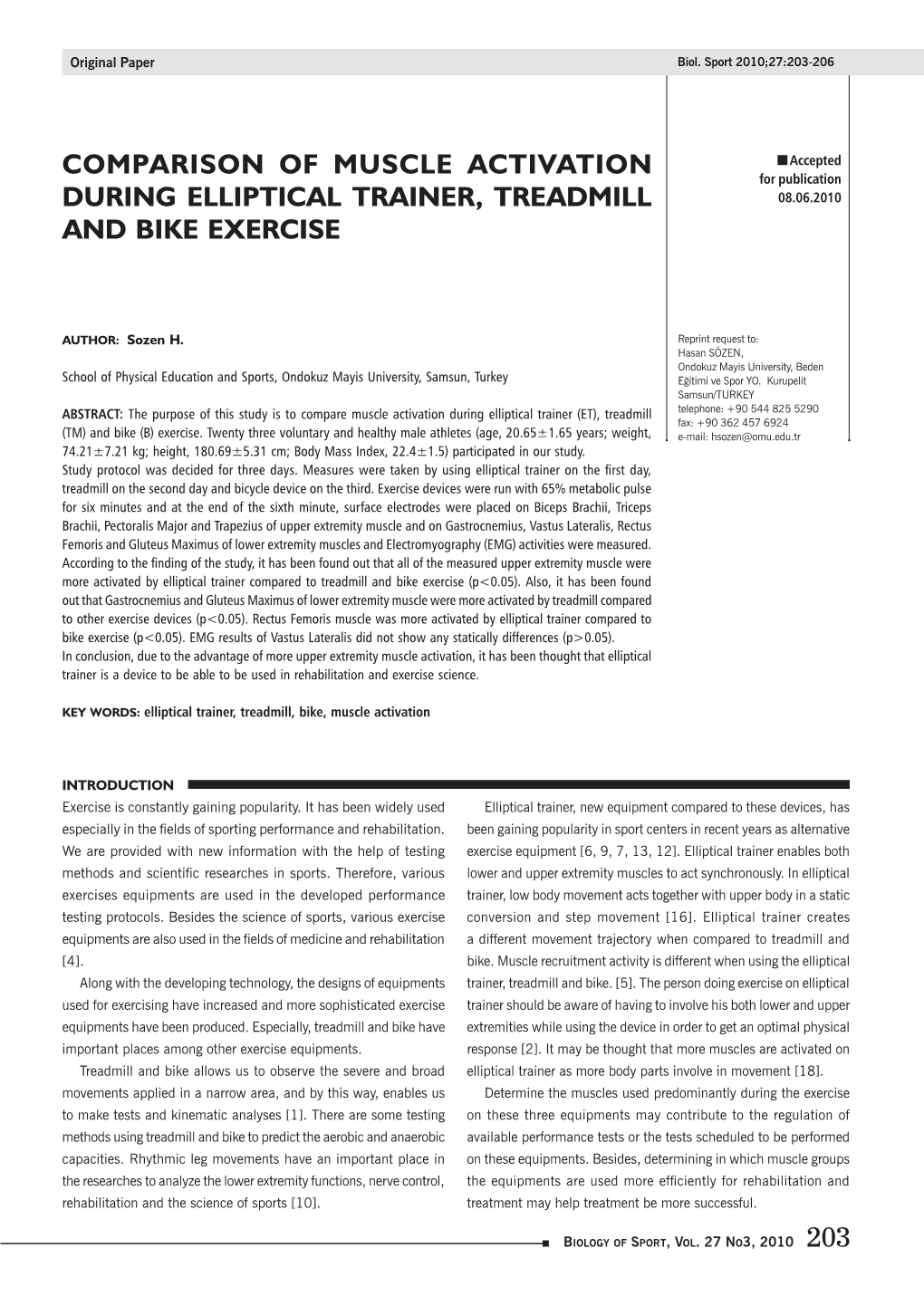 Comparison of Muscle Activation During Elliptical Trainer, Treadmill and Bike Exercise