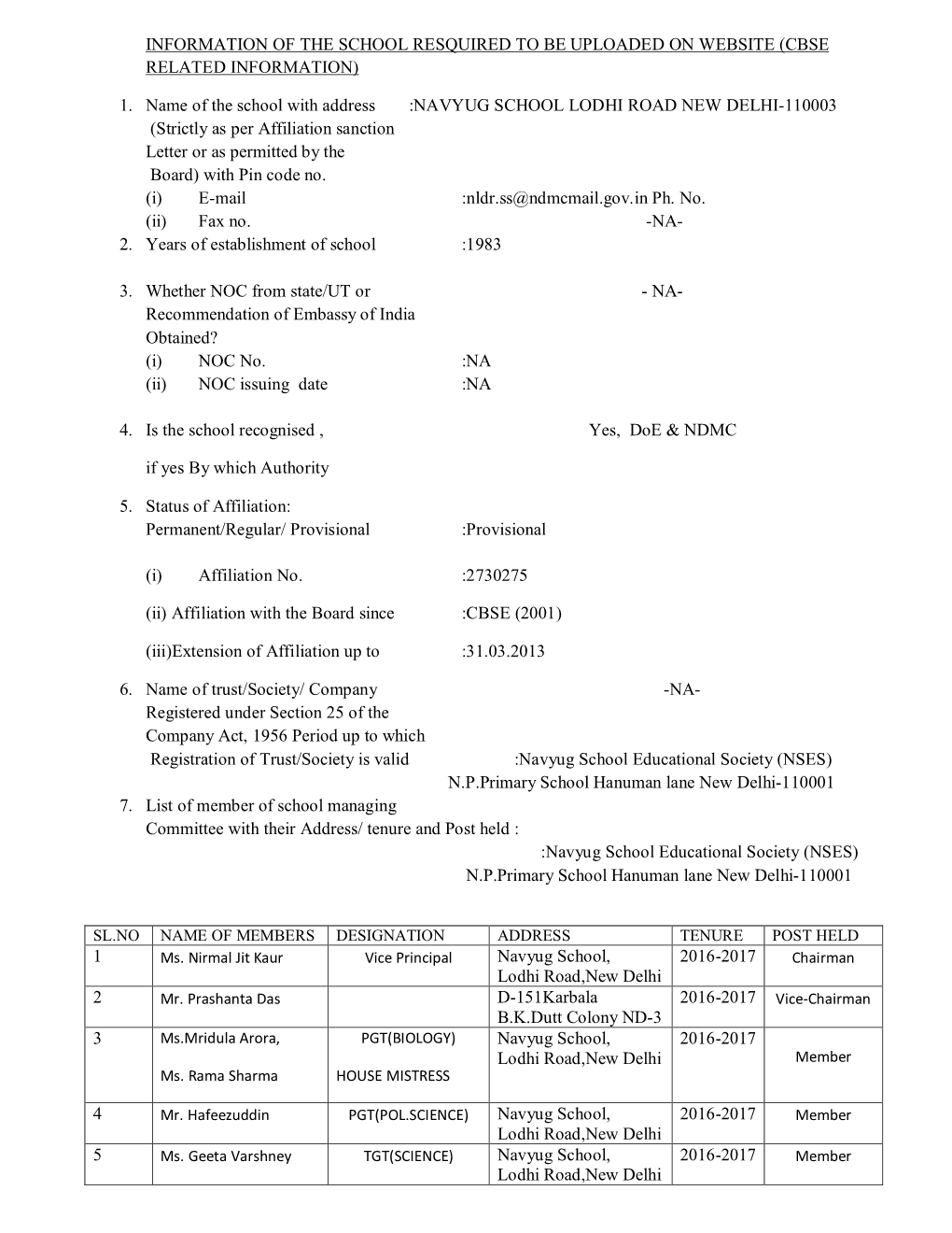 (CBSE RELATED INFORMATION) 1. Name of the School with Address