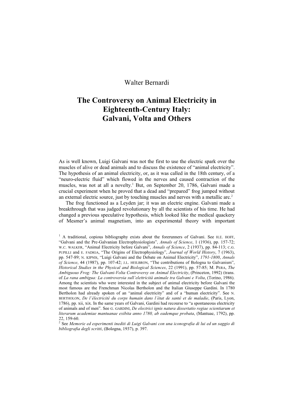 The Controversy on Animal Electricity in Eighteenth-Century Italy: Galvani, Volta and Others